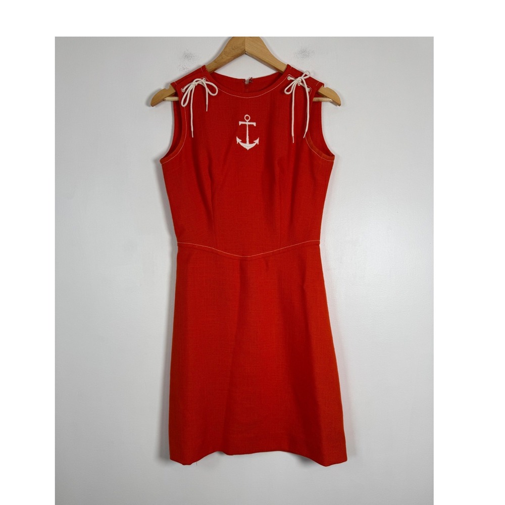 Nautical Vintage John Meyer 12 Shift Dress Orange Anchor Rope Tie Sleeveless